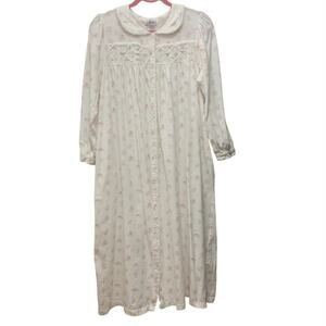 Vintage Aria Cottagecore Snap Front Housecoat Nightgown S Floral Smocked Pearls